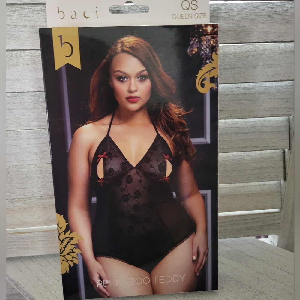 Baci Lingerie Peekaboo Teddy With Red Ribbons - Fits Sizes 18-22